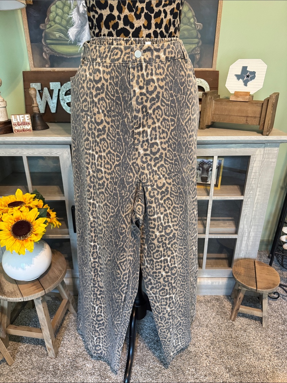 Gilli Leopard Print Wide Leg Pants - Neutral Brown & Black Sz 1XL